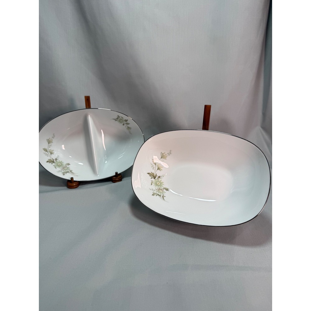 Noritake Soroya 6853 Oval Serving Bowls White Green Floral Silver Trim Vintage